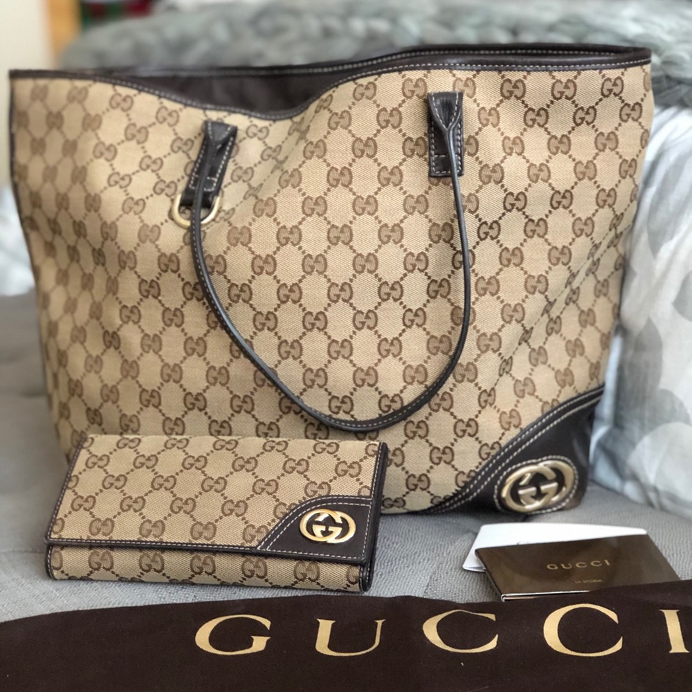 Gucci Brown Leather/Canvas Tote Bag & Wallet